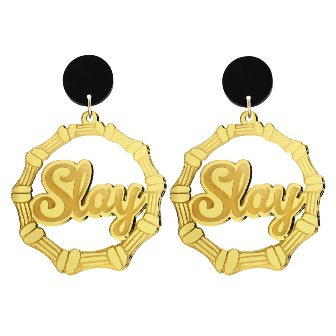 haus of dizzy acrylic gold mirror bamboo hoops with ollie cursive text that reads Slay with black circle stud tops size large