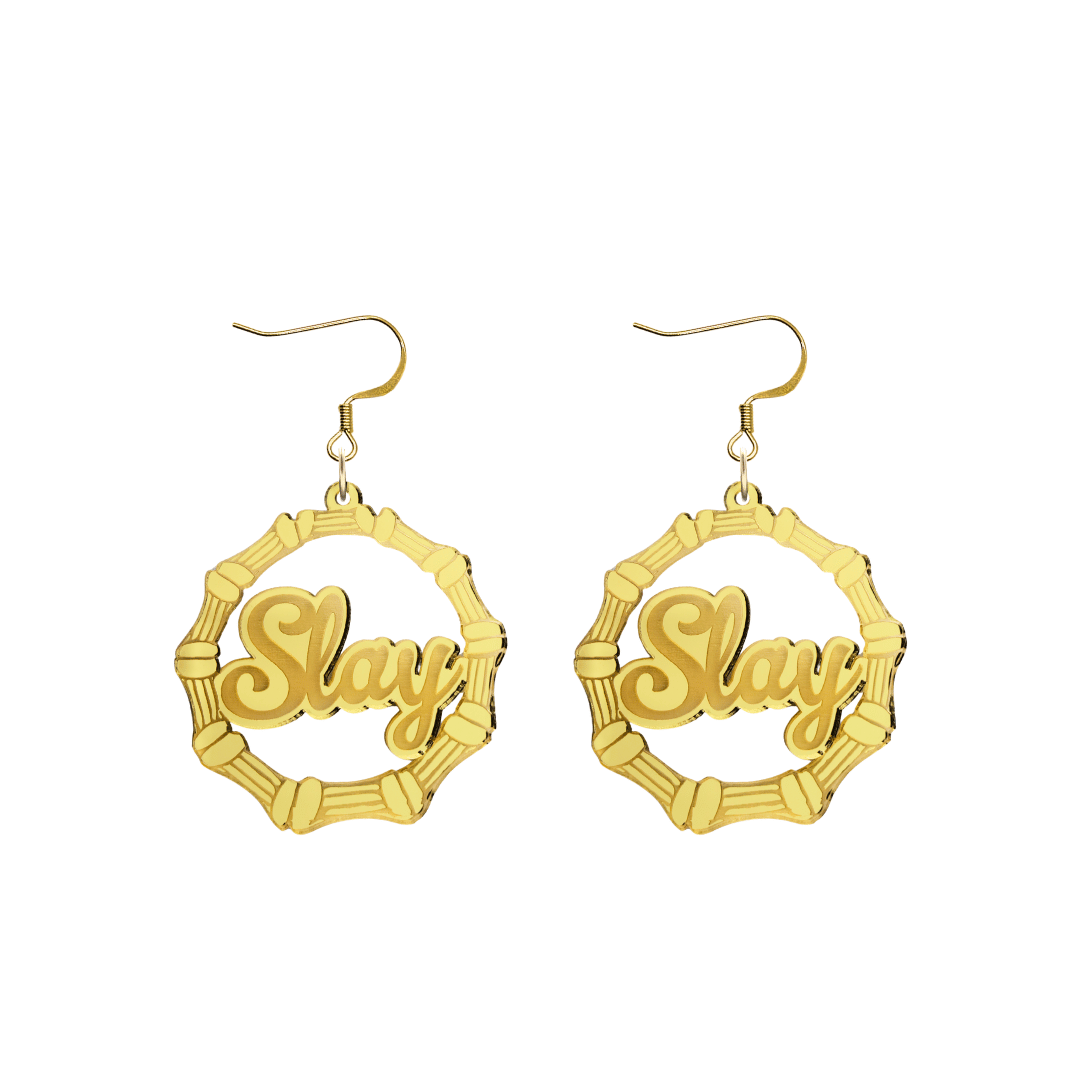 haus of dizzy acrylic gold mirror bamboo hoops with ollie cursive text that reads Slay with hooks no circle stud tops size small