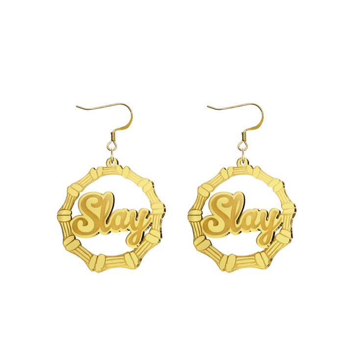 haus of dizzy acrylic gold mirror bamboo hoops with ollie cursive text that reads Slay with hooks no circle stud tops size small