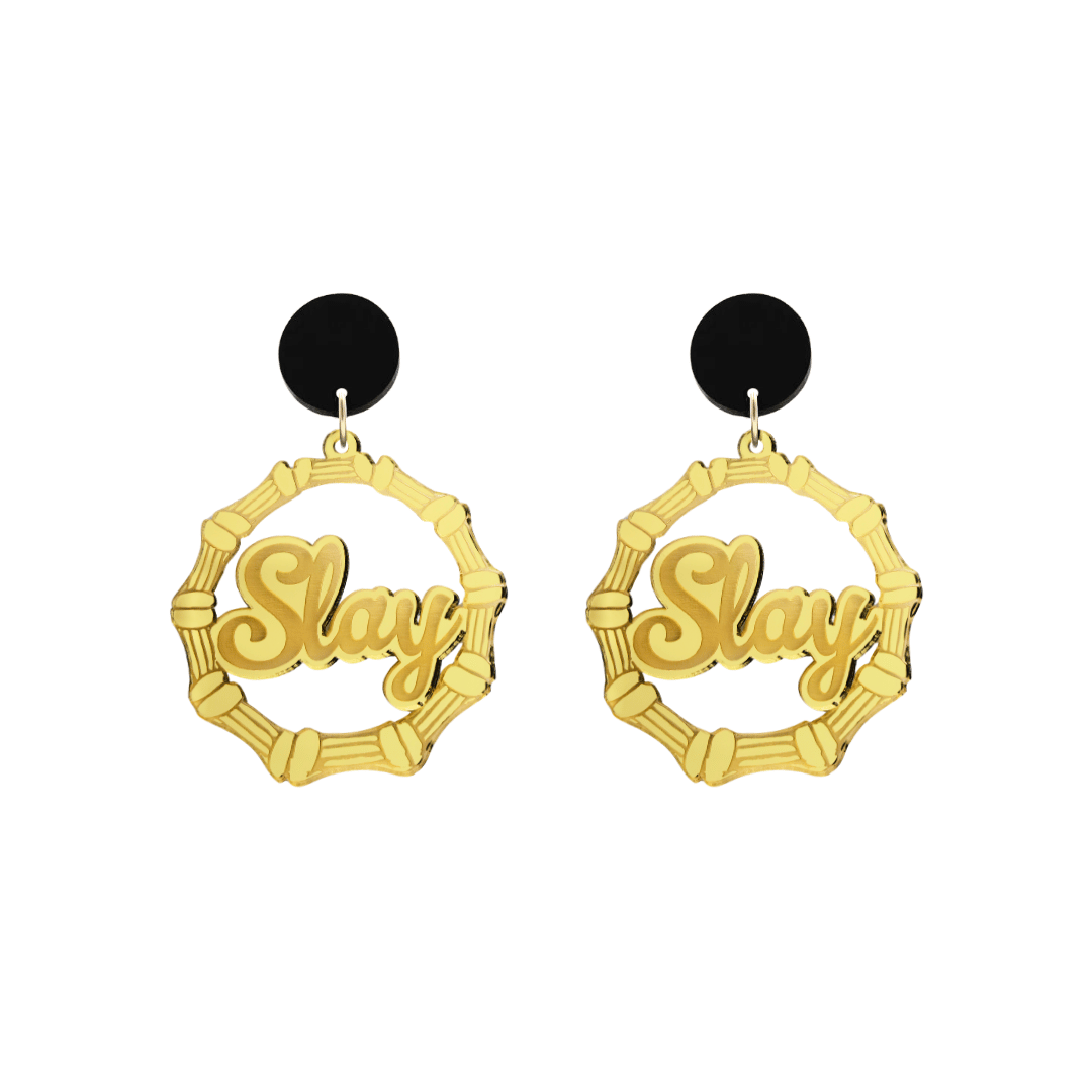 haus of dizzy acrylic gold mirror bamboo hoops with ollie cursive text that reads Slay with black circle stud tops size small