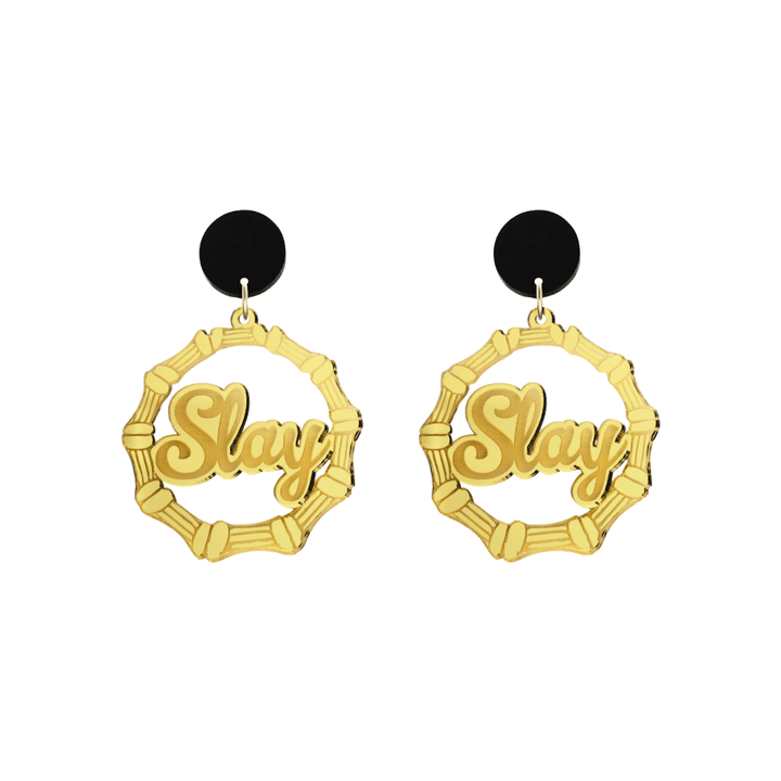 haus of dizzy acrylic gold mirror bamboo hoops with ollie cursive text that reads Slay with black circle stud tops size small