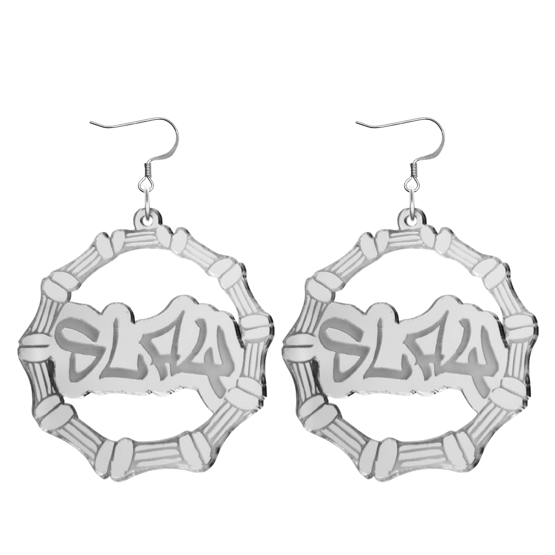 haus of dizzy acrylic silver mirror bamboo hoops with graffiti text that reads Slay with hooks no circle stud tops size large