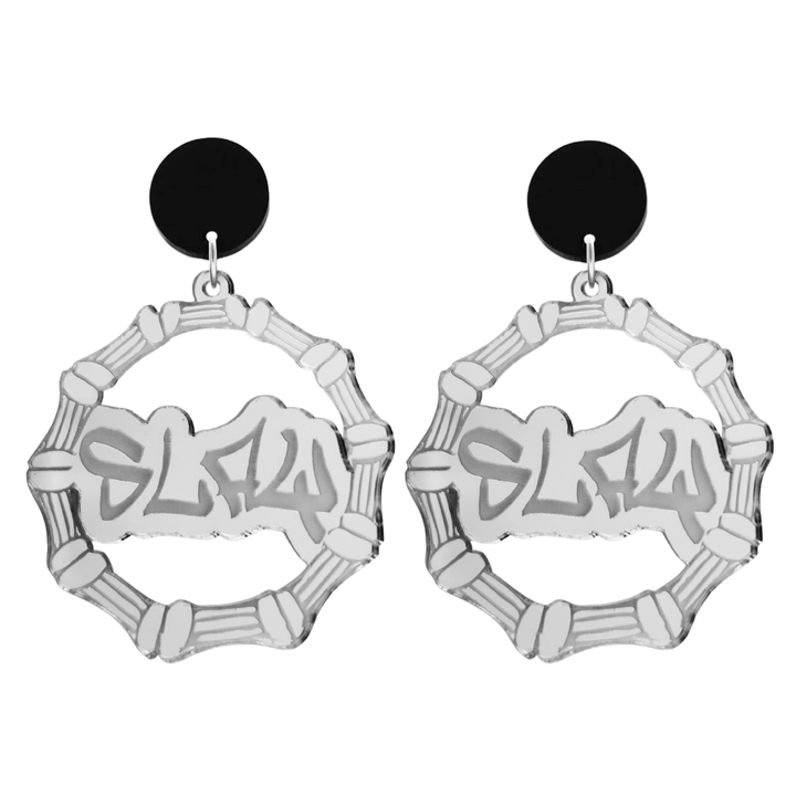 haus of dizzy acrylic silver mirror bamboo hoops with graffiti text that reads Slay with black circle stud tops size large