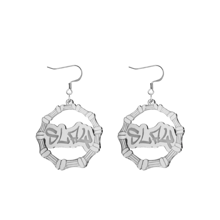 haus of dizzy acrylic silver mirror bamboo hoops with graffiti text that reads Slay with hooks no circle stud tops size small