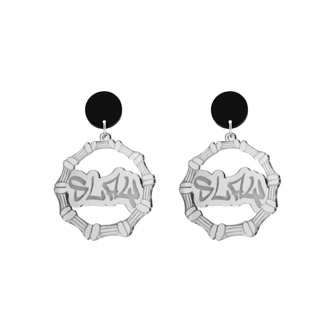 haus of dizzy acrylic silver mirror bamboo hoops with graffiti text that reads Slay with black circle stud tops size small