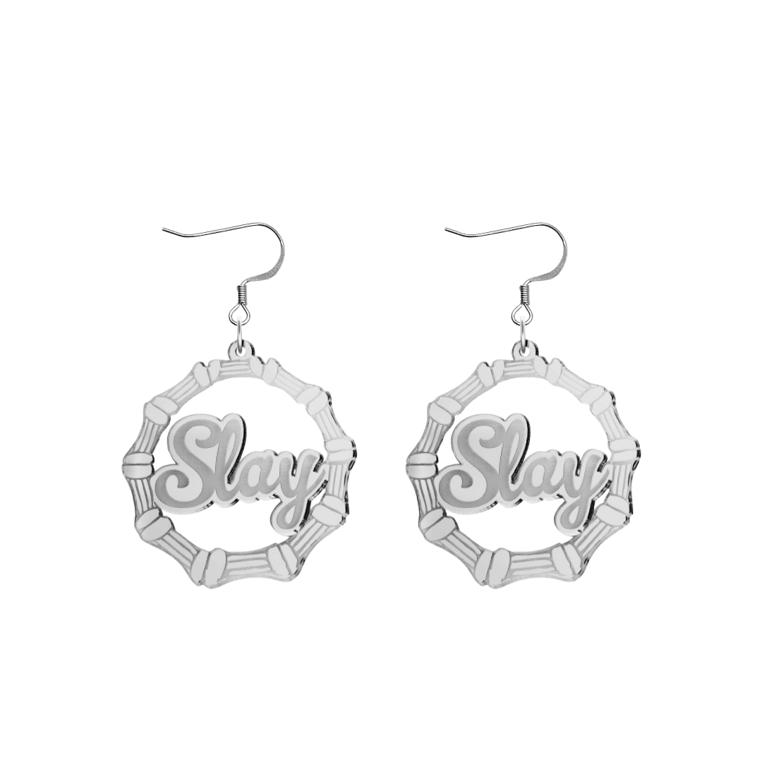 haus of dizzy acrylic silver mirror bamboo hoops with ollie cursive text that reads Slay with hooks no circle stud tops size small