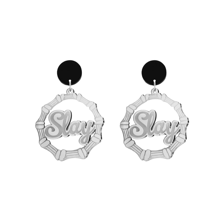 haus of dizzy acrylic silver mirror bamboo hoops with ollie cursive text that reads Slay with black circle stud tops size small