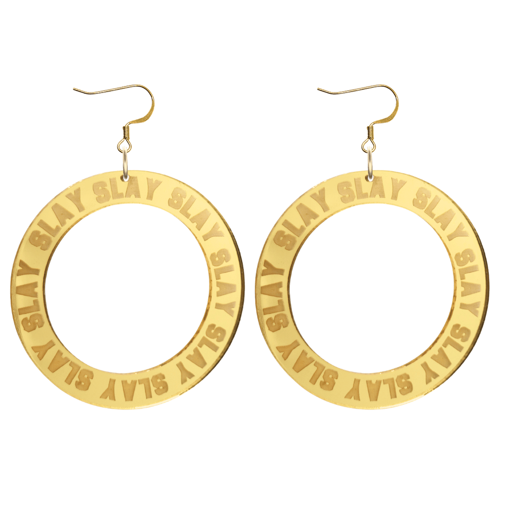 haus of dizzy mirror gold acrylic hoop earrings with repeated 'SLAY' etched text around the hoop size large with gold hooks no circle tops