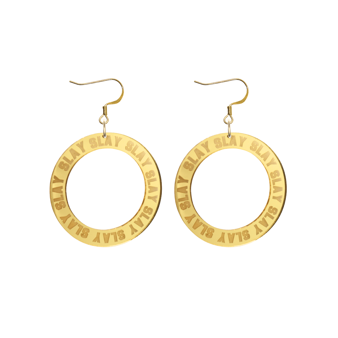 haus of dizzy mirror gold acrylic hoop earrings with repeated 'SLAY' etched text around the hoop size small with gold hooks no circle tops