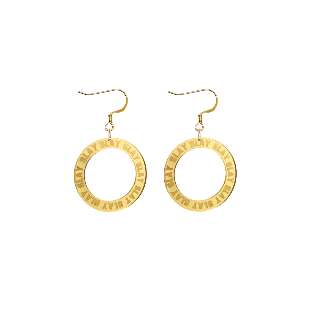 haus of dizzy mirror gold acrylic hoop earrings with repeated 'SLAY' etched text around the hoop size extra small with gold hooks no circle tops