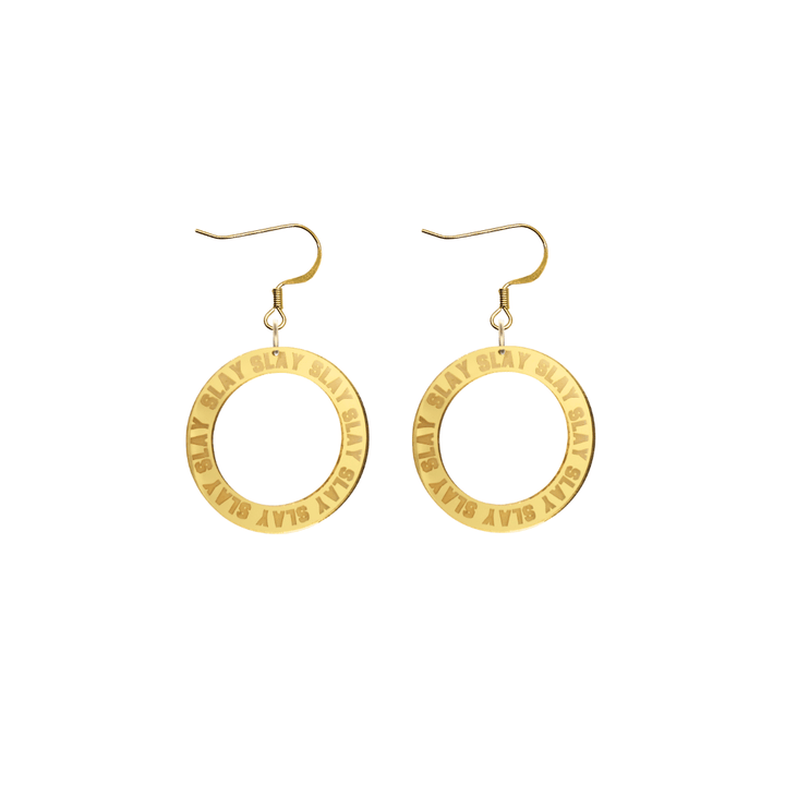 haus of dizzy mirror gold acrylic hoop earrings with repeated 'SLAY' etched text around the hoop size extra small with gold hooks no circle tops