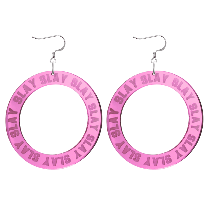 haus of dizzy mirror pink acrylic hoop earrings with repeated 'SLAY' etched text around the hoop size large with silver hooks no circle tops