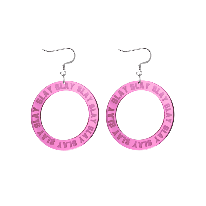 haus of dizzy mirror pink acrylic hoop earrings with repeated 'SLAY' etched text around the hoop size small with silver hooks no circle tops
