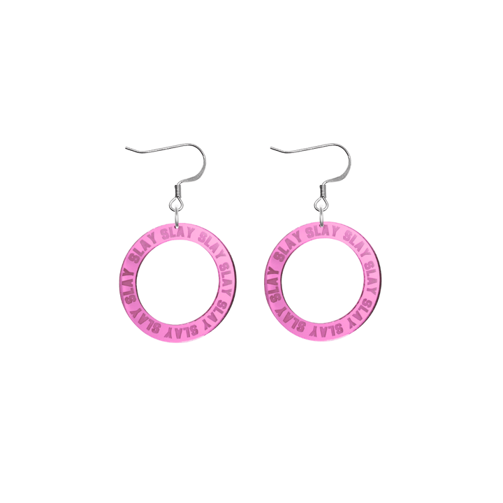 haus of dizzy mirror pink acrylic hoop earrings with repeated 'SLAY' etched text around the hoop size extra small with silver hooks no circle tops