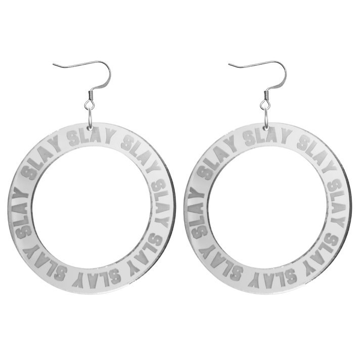 haus of dizzy mirror silver acrylic hoop earrings with repeated 'SLAY' etched text around the hoop size large with silver hooks no circle tops