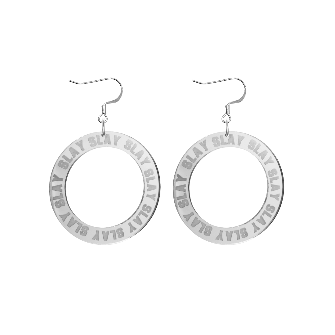 haus of dizzy mirror silver acrylic hoop earrings with repeated 'SLAY' etched text around the hoop size small with silver hooks no circle tops