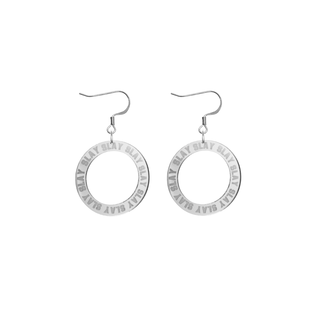 haus of dizzy mirror silver acrylic hoop earrings with repeated 'SLAY' etched text around the hoop size extra small with silver hooks no circle tops