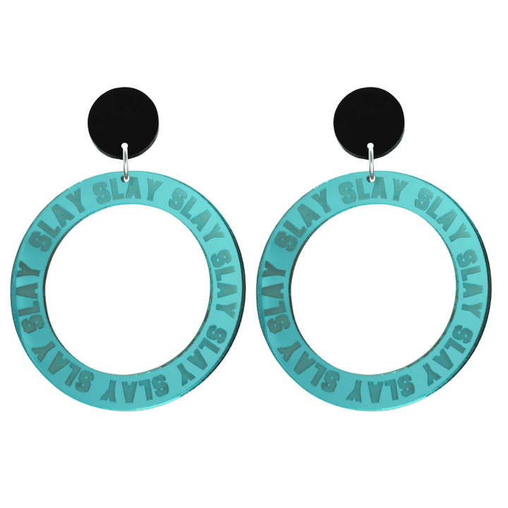 haus of dizzy mirror teal acrylic hoop earrings with repeated 'SLAY' etched text around the hoop size large with black circle tops