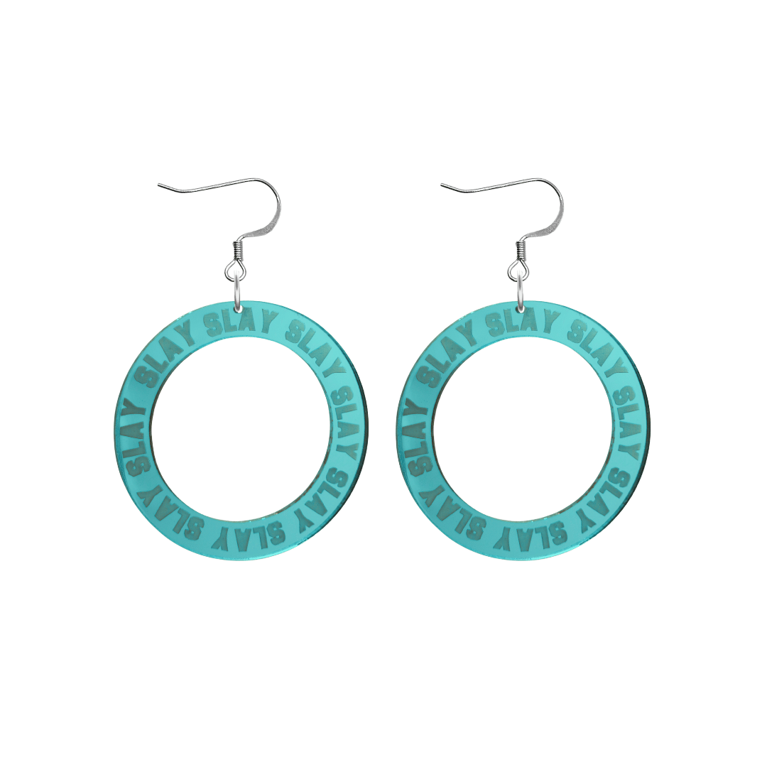 haus of dizzy mirror teal acrylic hoop earrings with repeated 'SLAY' etched text around the hoop size small with silver hooks no circle tops