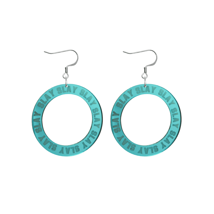 haus of dizzy mirror teal acrylic hoop earrings with repeated 'SLAY' etched text around the hoop size small with silver hooks no circle tops