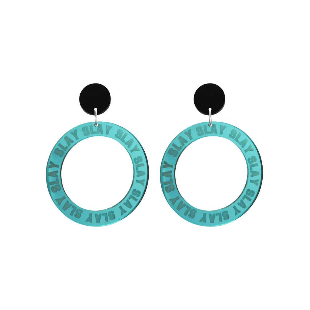 haus of dizzy mirror teal acrylic hoop earrings with repeated 'SLAY' etched text around the hoop size small with black circle tops
