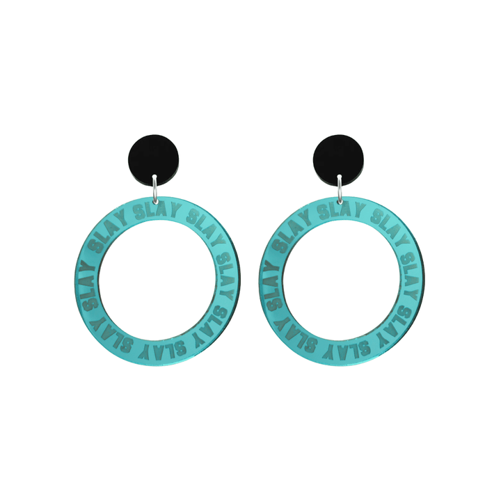 haus of dizzy mirror teal acrylic hoop earrings with repeated 'SLAY' etched text around the hoop size small with black circle tops