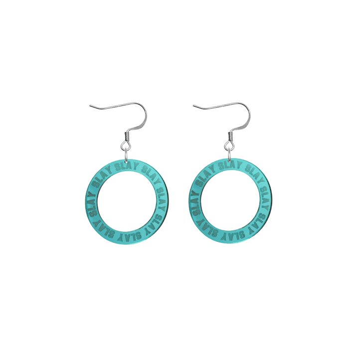 haus of dizzy mirror teal acrylic hoop earrings with repeated 'SLAY' etched text around the hoop size extra small with silver hooks no circle tops