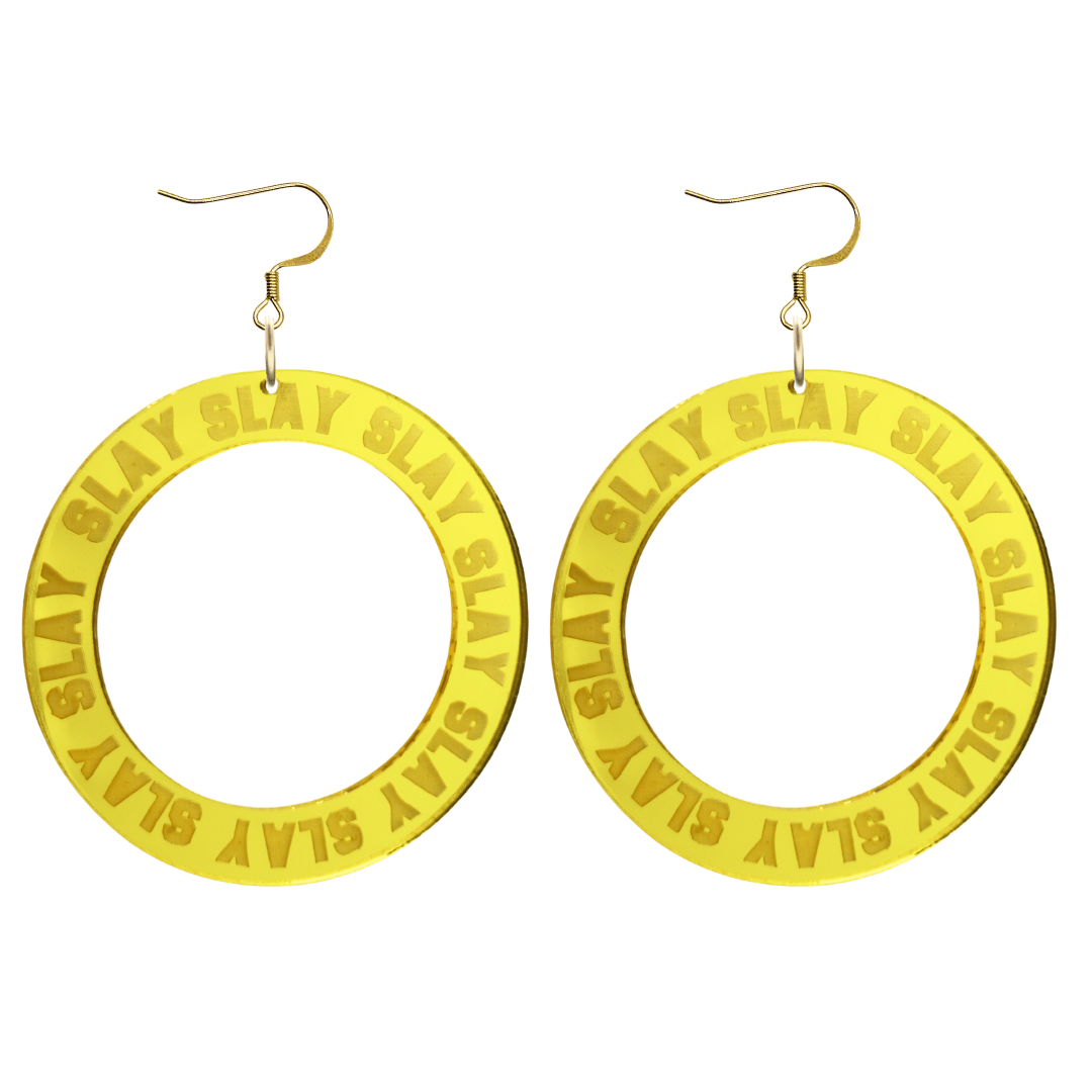 haus of dizzy mirror yellow acrylic hoop earrings with repeated 'SLAY' etched text around the hoop size large with gold hooks no circle tops