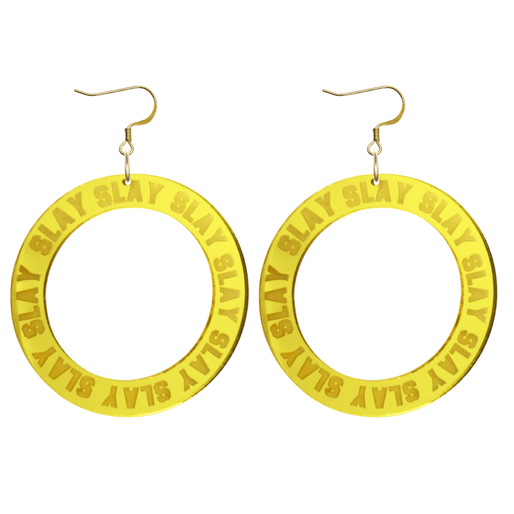 haus of dizzy mirror yellow acrylic hoop earrings with repeated 'SLAY' etched text around the hoop size large with gold hooks no circle tops