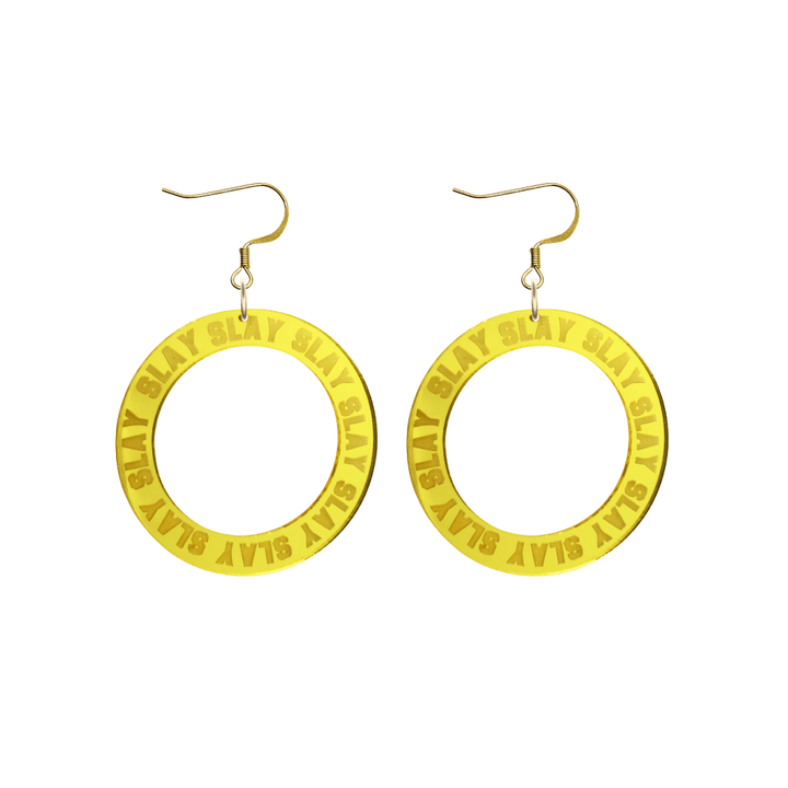 haus of dizzy mirror yellow acrylic hoop earrings with repeated 'SLAY' etched text around the hoop size small with gold hooks no circle tops