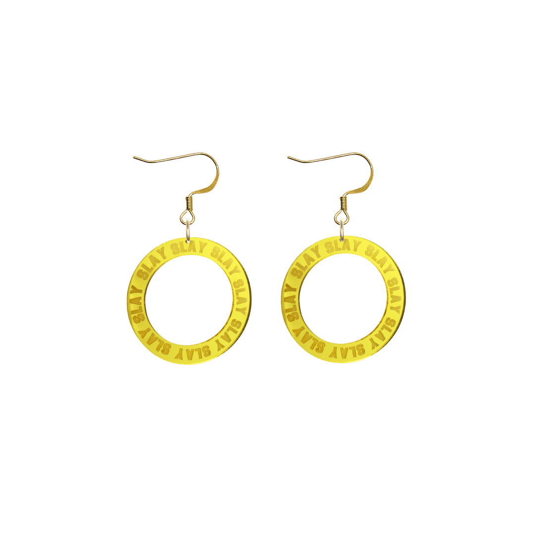 haus of dizzy mirror yellow acrylic hoop earrings with repeated 'SLAY' etched text around the hoop size extra small with gold hooks no circle tops