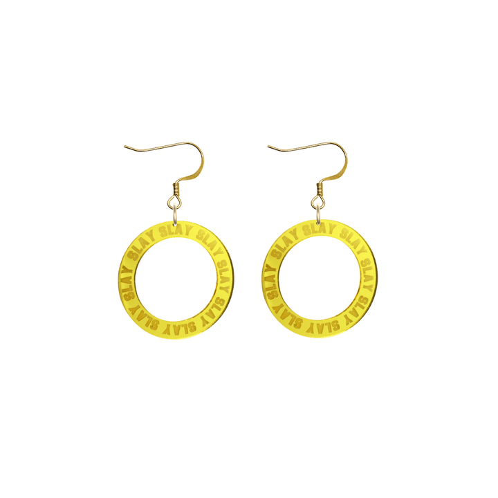 haus of dizzy mirror yellow acrylic hoop earrings with repeated 'SLAY' etched text around the hoop size extra small with gold hooks no circle tops