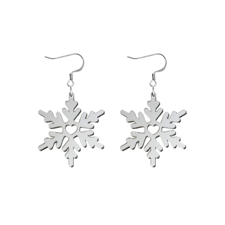 haus of dizzy silver mirror snowflake earrings with silver hooks size large