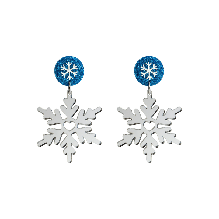 haus of dizzy silver mirror snowflake earrings with dark blue single side glitter circle tops with hand painted snowflake detailing size large