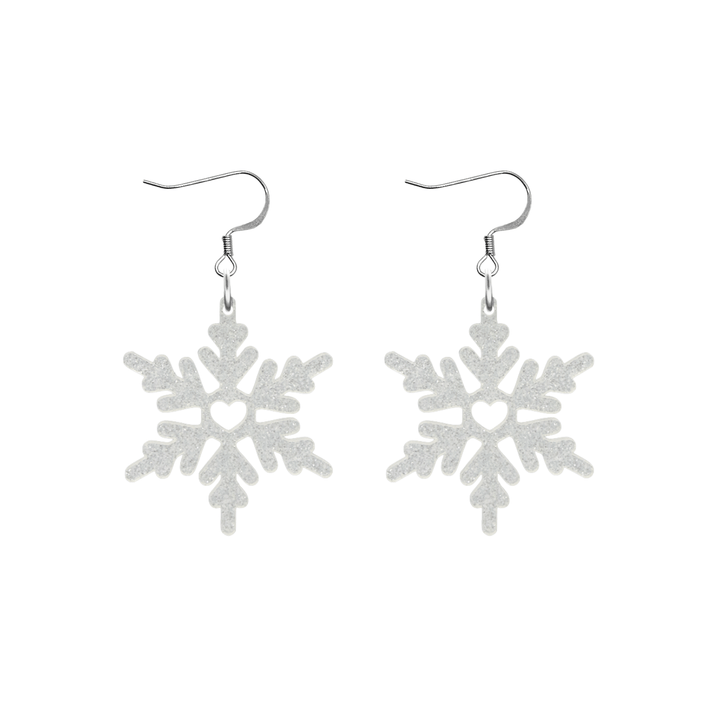 haus of dizzy white glitter snowflake earrings with silver hooks size large