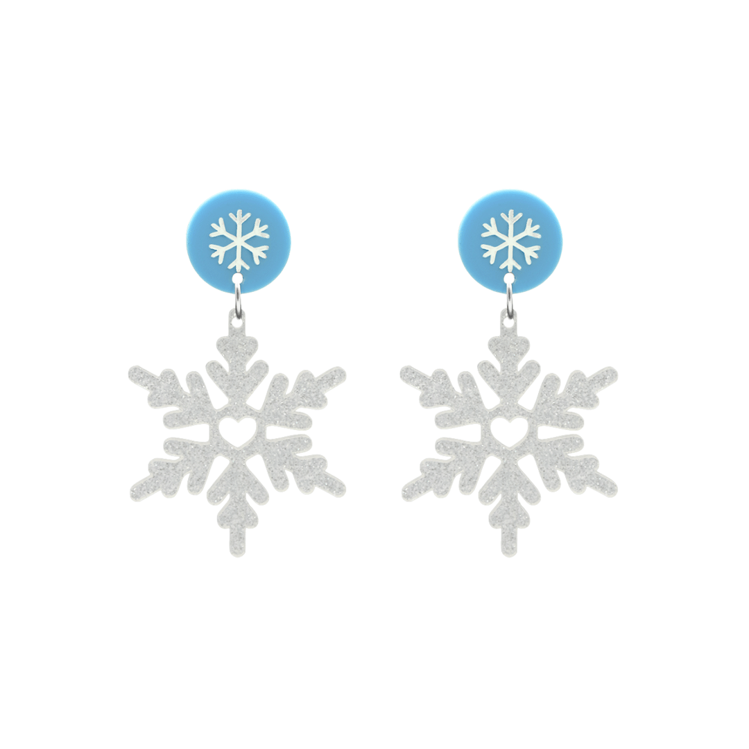 haus of dizzy white glitter snowflake earrings with pastel blue circle tops with hand painted snowflake detailing size large