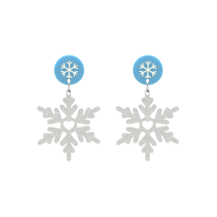 haus of dizzy white glitter snowflake earrings with pastel blue circle tops with hand painted snowflake detailing size large