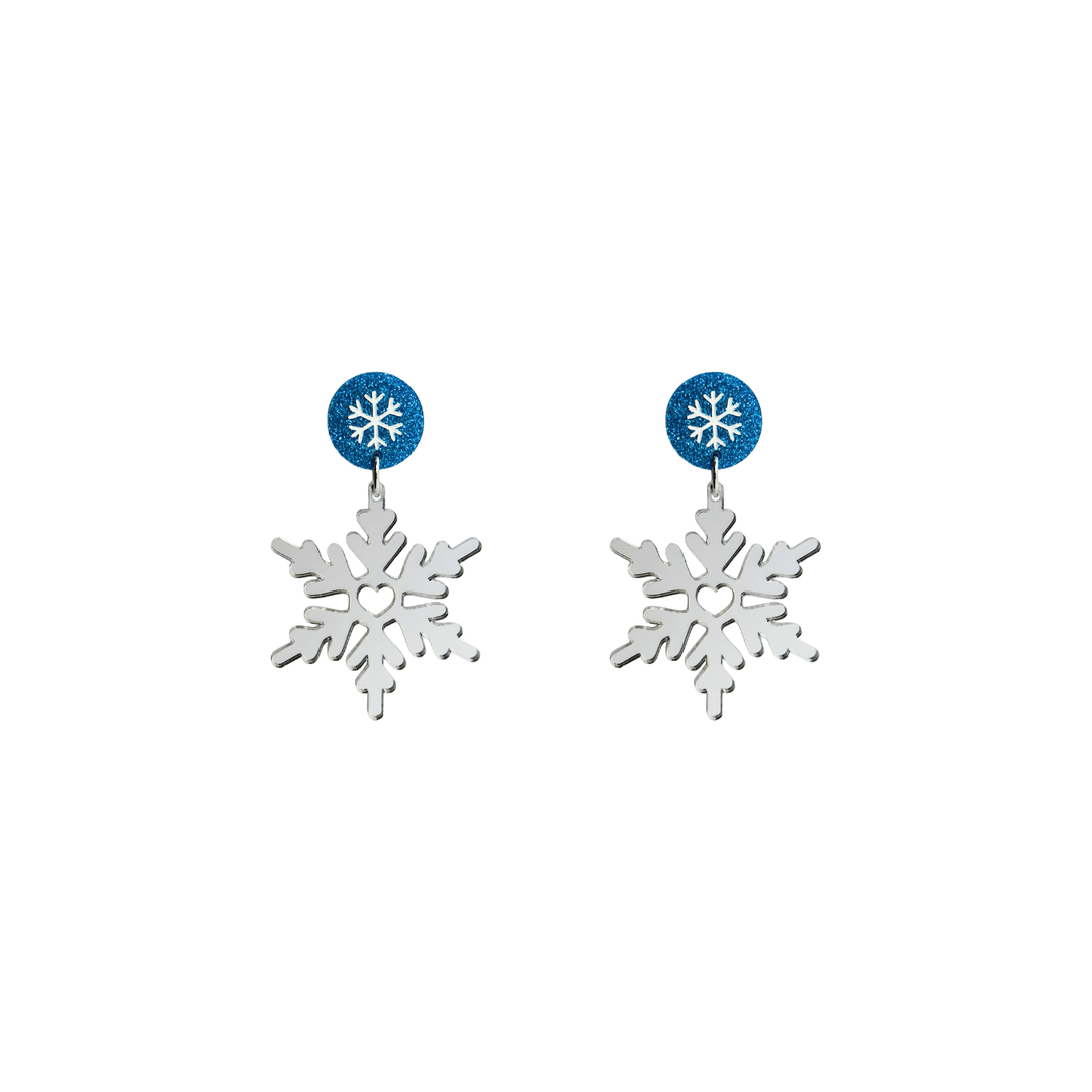 haus of dizzy silver mirror snowflake earrings with dark blue single side glitter circle tops with hand painted snowflake detailing size small
