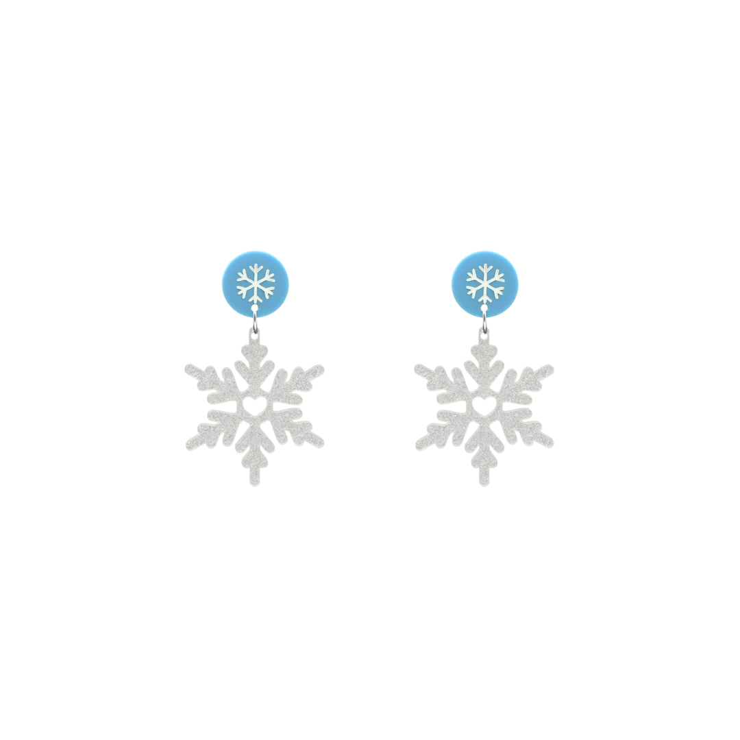 haus of dizzy white glitter snowflake earrings with pastel blue circle tops with hand painted snowflake detailing size small