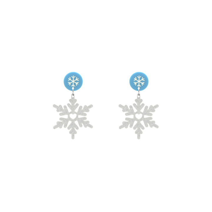 haus of dizzy white glitter snowflake earrings with pastel blue circle tops with hand painted snowflake detailing size small