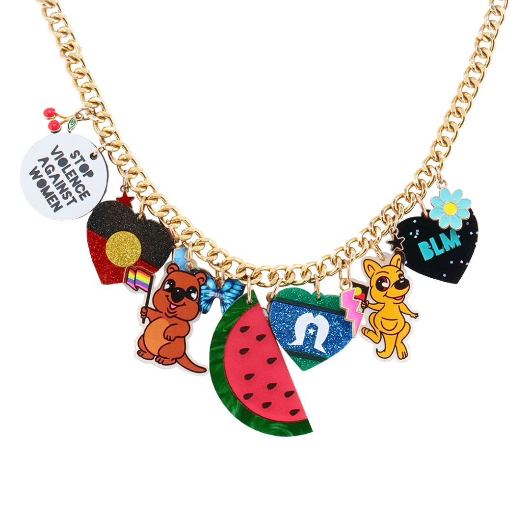 haus of dizzys social justice charm necklace with a gold chain, featuring various charms including a watermelon slice, an aboriginal flag, an Torres Strait Islander flag, cartoon animal charms and many more.