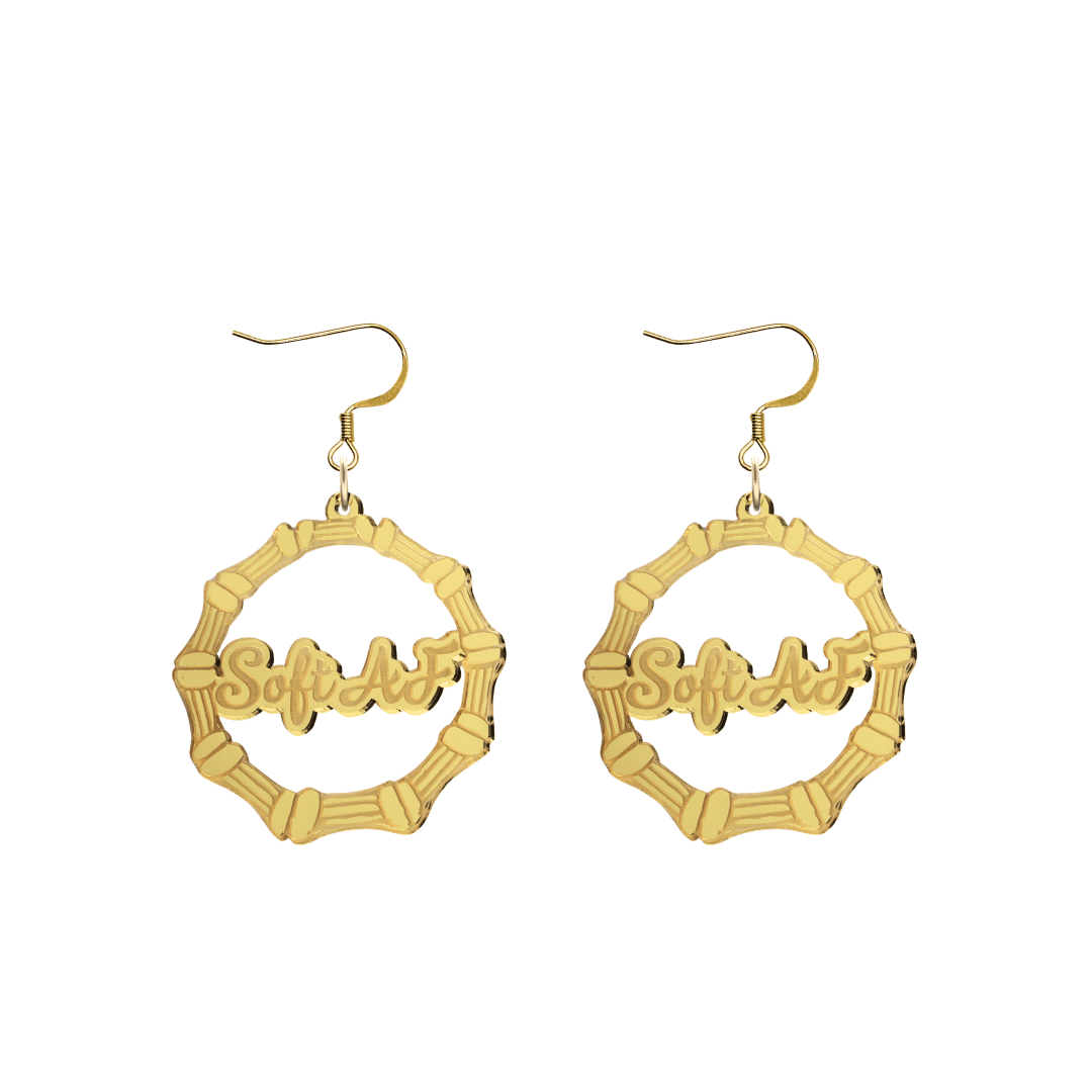 haus of dizzy acrylic gold mirror bamboo hoops with ollie cursive text that reads soft AF with hooks no circle stud tops size small