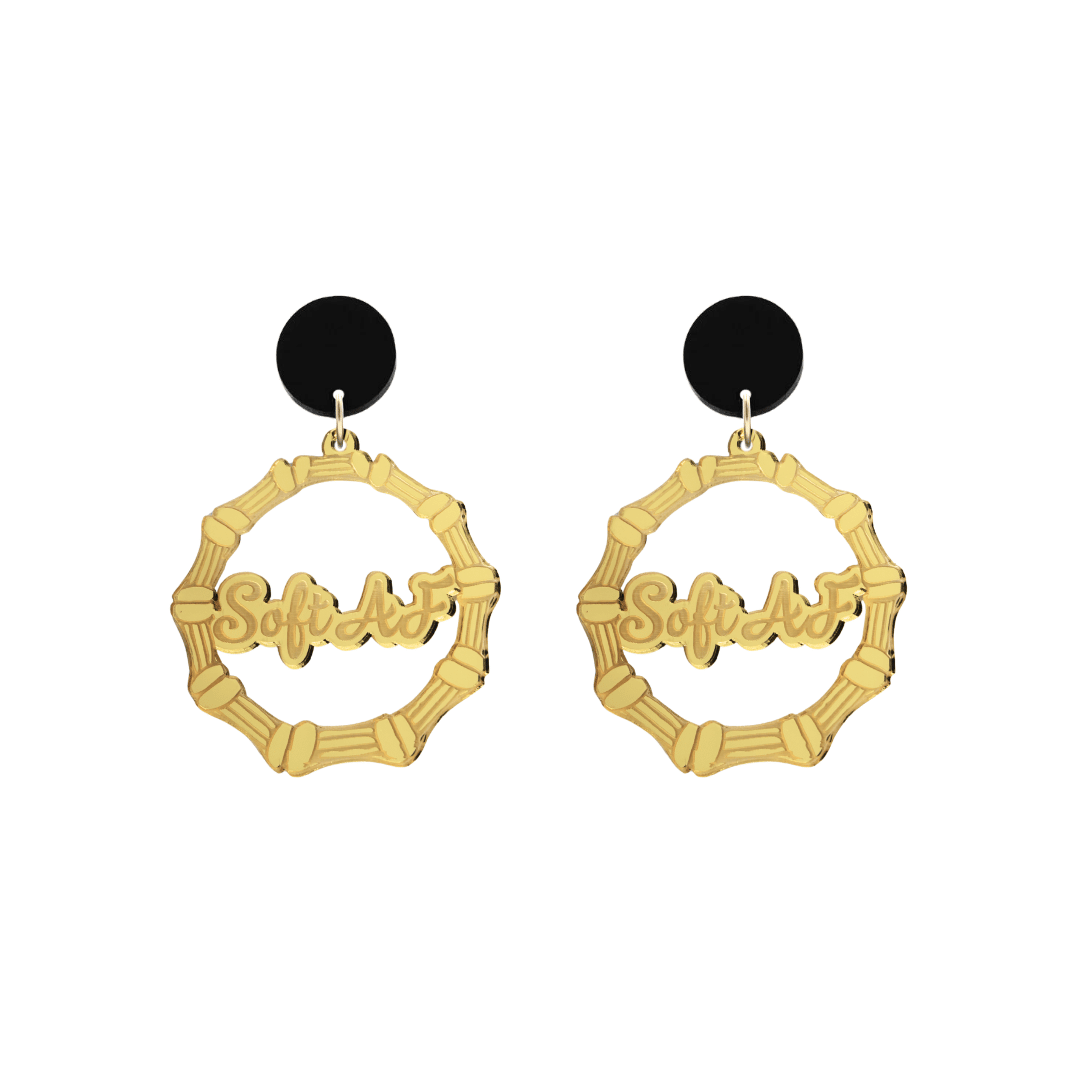 haus of dizzy acrylic gold mirror bamboo hoops with ollie cursive text that reads soft AF with black circle stud tops size small