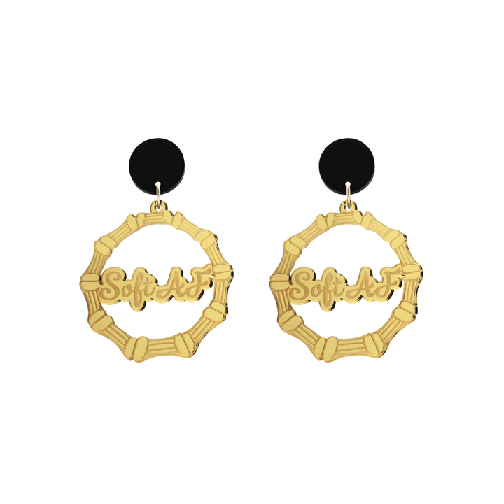 haus of dizzy acrylic gold mirror bamboo hoops with ollie cursive text that reads soft AF with black circle stud tops size small
