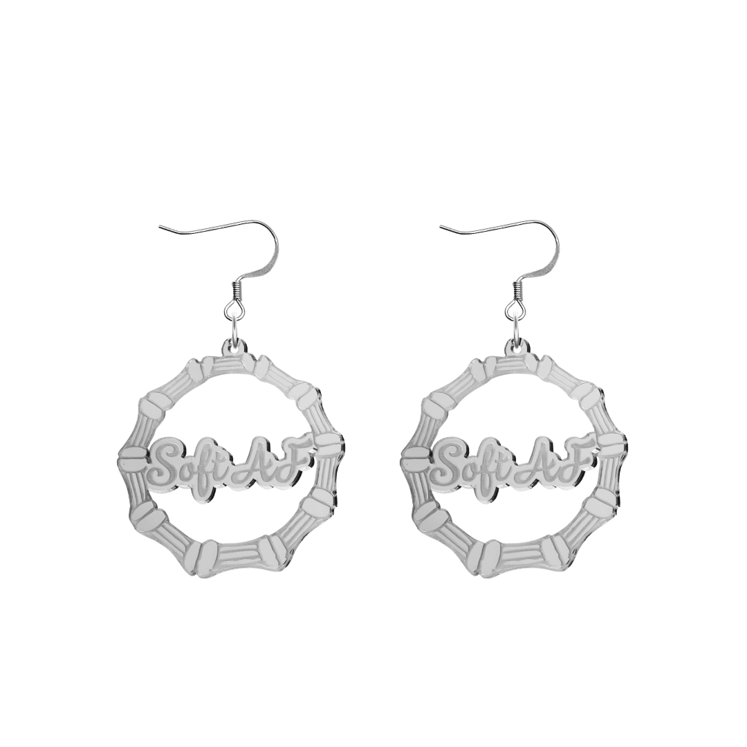 haus of dizzy acrylic silver mirror bamboo hoops with ollie cursive text that reads soft AF with hooks no circle stud tops size small