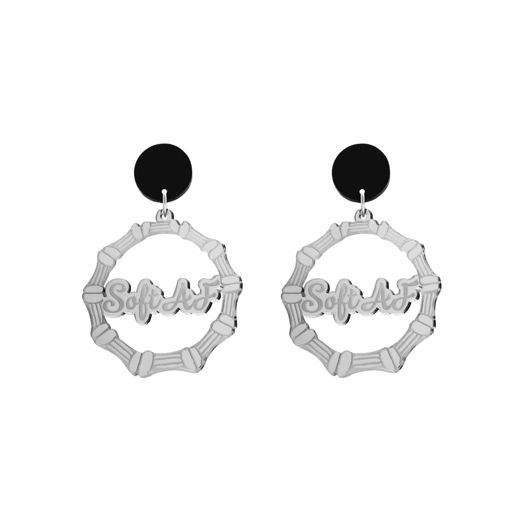 haus of dizzy acrylic silver mirror bamboo hoops with ollie cursive text that reads soft AF with black circle stud tops size small