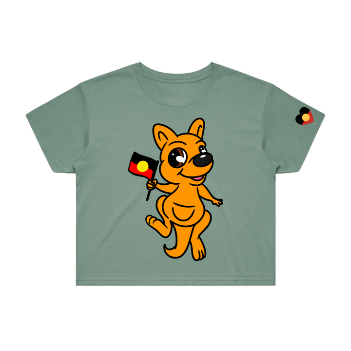 Sage green crop t-shirt with a cartoon kangaroo, Sonny Boy, holding an Aboriginal flag. t-shirt is on a white background