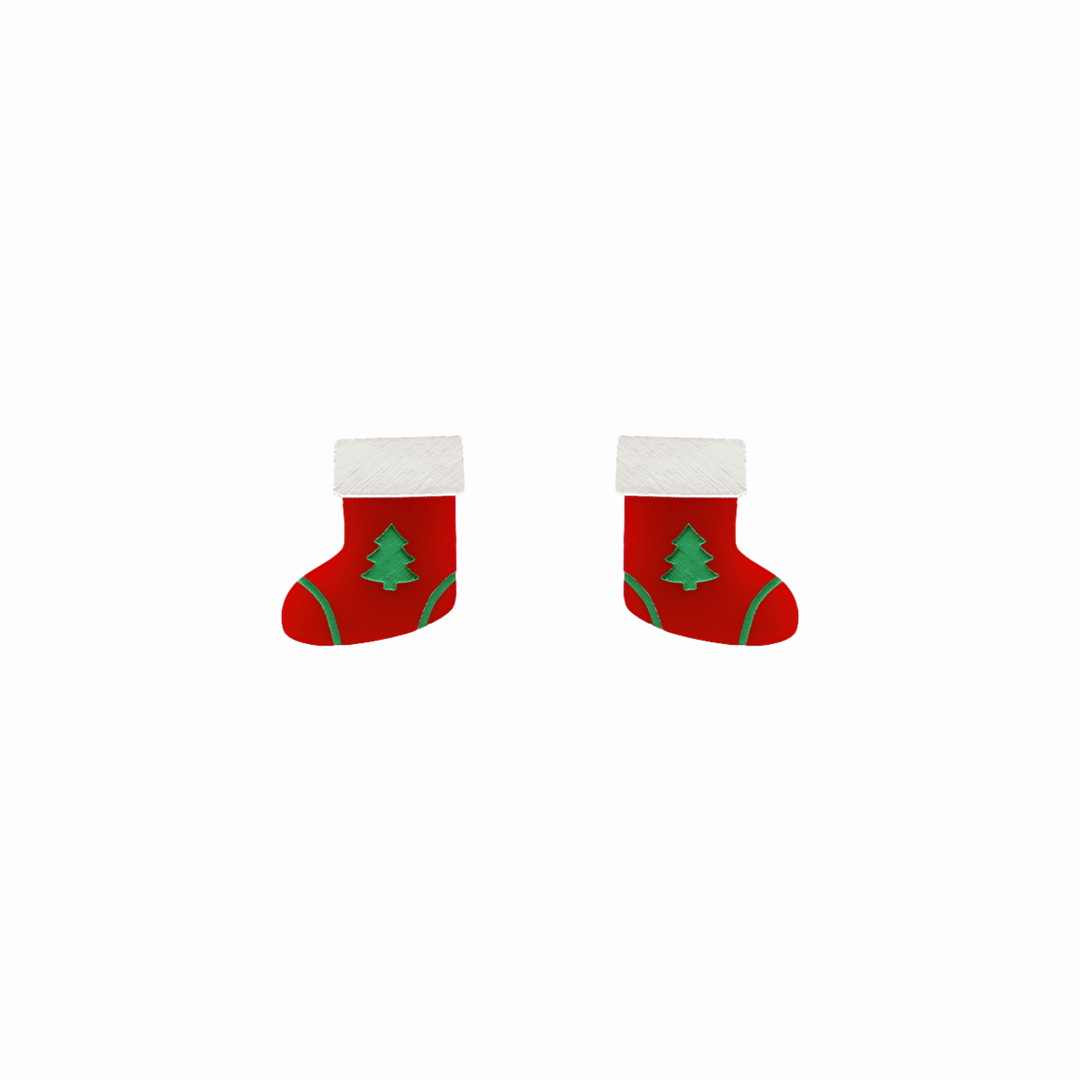 haus of dizzy stocking stuffers studs. red gloss Christmas stockings with green trees one size