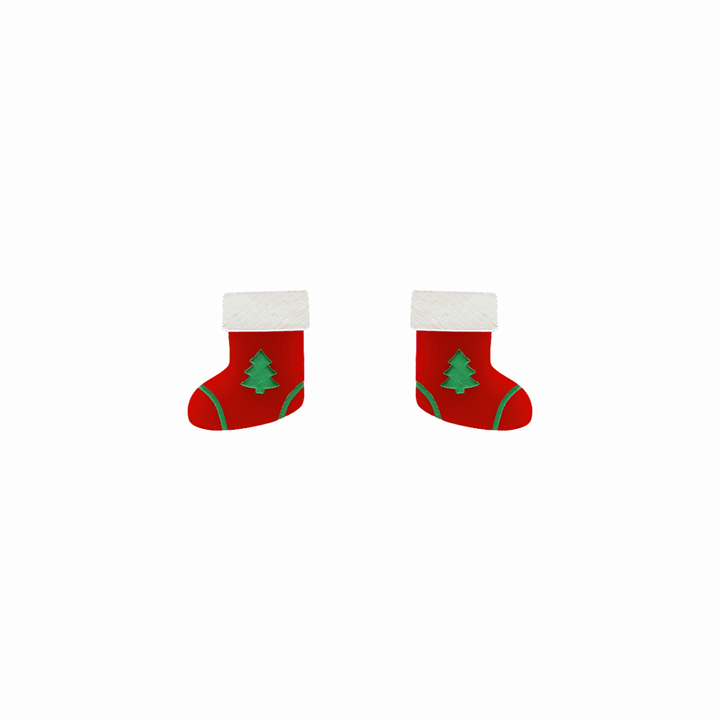 haus of dizzy stocking stuffers studs. red gloss Christmas stockings with green trees one size