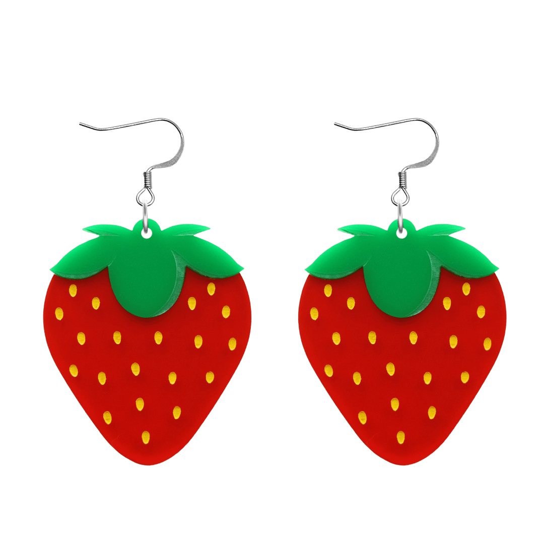 An image of Haus of Dizzy's strawberry kisses earrings, large strawberry-shaped dangle earrings, with red and green acrylic with yellow paint fill and a hook top.